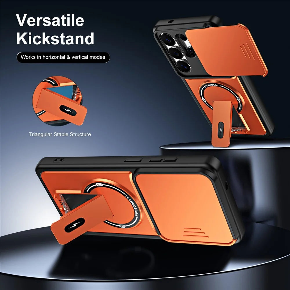 For Samsung Galaxy S26 Ultra Case with Slide Camera Cover Kickstand Shockproof PC + TPU Matte Finish Phone Shell - Orange - 4