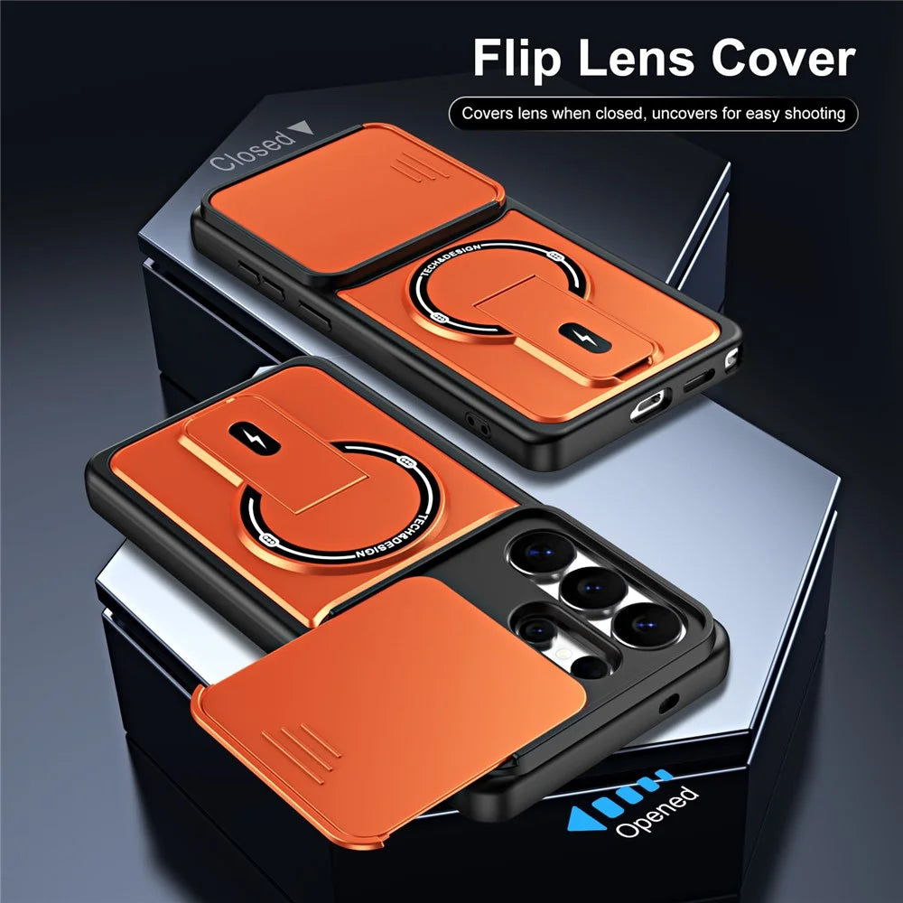 For Samsung Galaxy S26 Ultra Case with Slide Camera Cover Kickstand Shockproof PC + TPU Matte Finish Phone Shell - Orange - 5