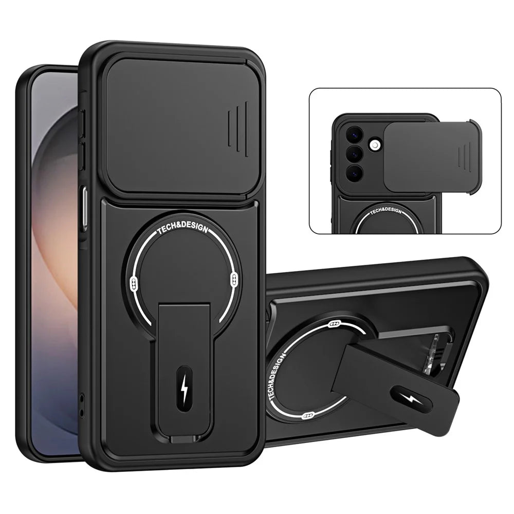 For Samsung Galaxy S26+ Case with Slide Camera Cover Kickstand Shockproof PC + TPU Matte Finish Phone Shell - Black - 1