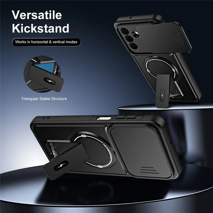 For Samsung Galaxy S26+ Case with Slide Camera Cover Kickstand Shockproof PC + TPU Matte Finish Phone Shell - Black - 4