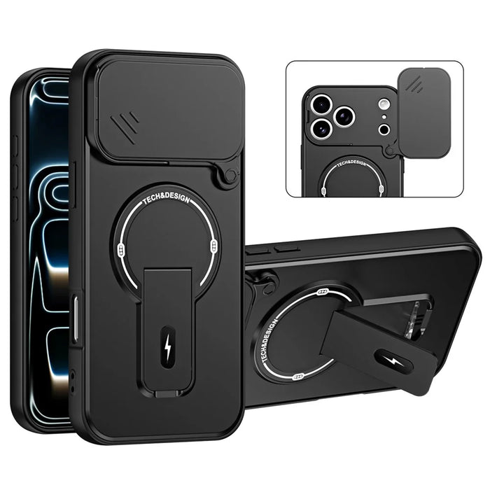 For iPhone 18 Pro Max  /  17 Pro Max Case with Slide Camera Cover Kickstand Shockproof PC + TPU Matte Finish Phone Shell - Black - 1
