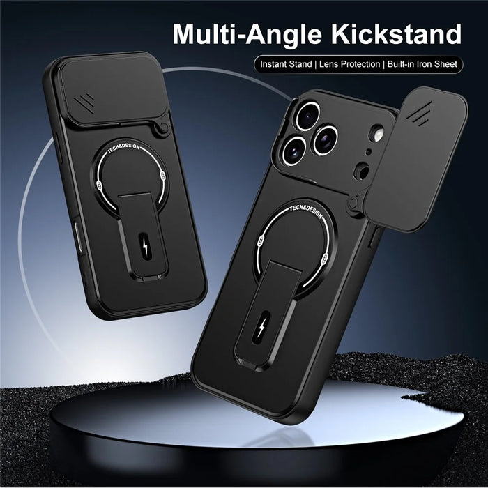 For iPhone 18 Pro Max  /  17 Pro Max Case with Slide Camera Cover Kickstand Shockproof PC + TPU Matte Finish Phone Shell - Black - 2