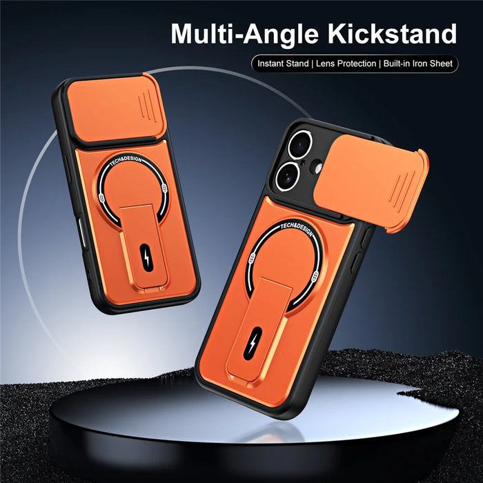 For iPhone 17 Case with Slide Camera Cover Kickstand Shockproof PC + TPU Matte Finish Phone Shell - Orange - 2