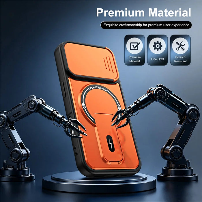 For iPhone 17 Case with Slide Camera Cover Kickstand Shockproof PC + TPU Matte Finish Phone Shell - Orange - 3