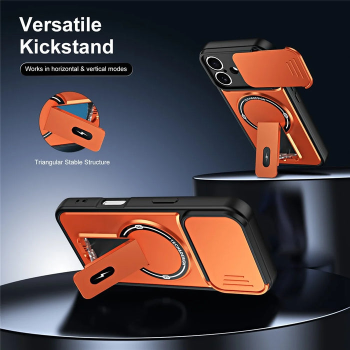 For iPhone 17 Case with Slide Camera Cover Kickstand Shockproof PC + TPU Matte Finish Phone Shell - Orange - 4