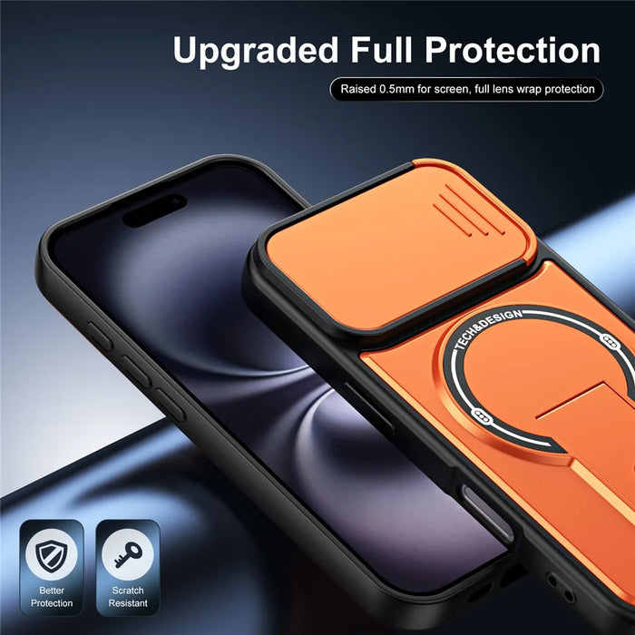 For iPhone 16 Case with Slide Camera Cover Kickstand Shockproof PC + TPU Matte Finish Phone Shell - Orange - 7