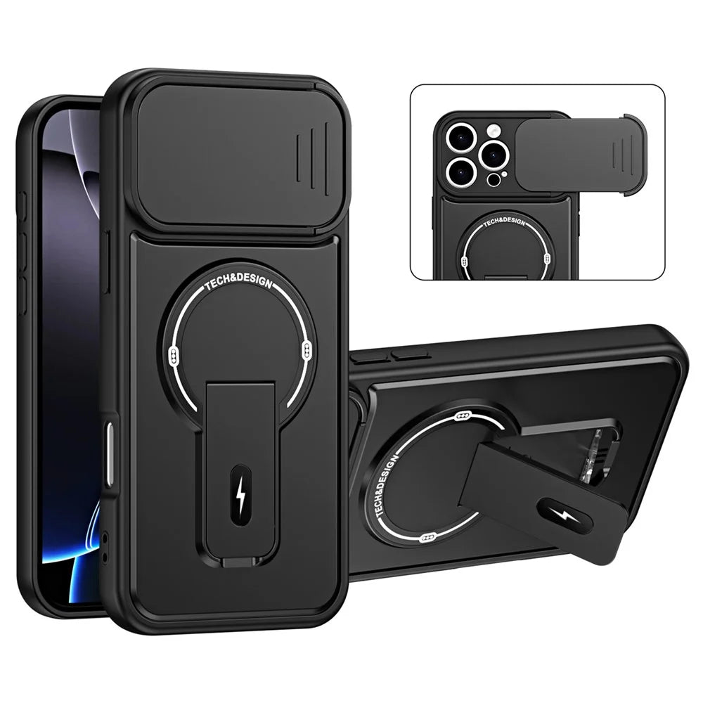 For iPhone 16 Pro Case with Slide Camera Cover Kickstand Shockproof PC + TPU Matte Finish Phone Shell - Black - 1