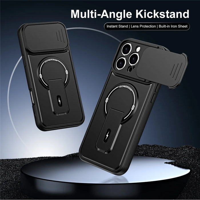 For iPhone 16 Pro Case with Slide Camera Cover Kickstand Shockproof PC + TPU Matte Finish Phone Shell - Black - 2