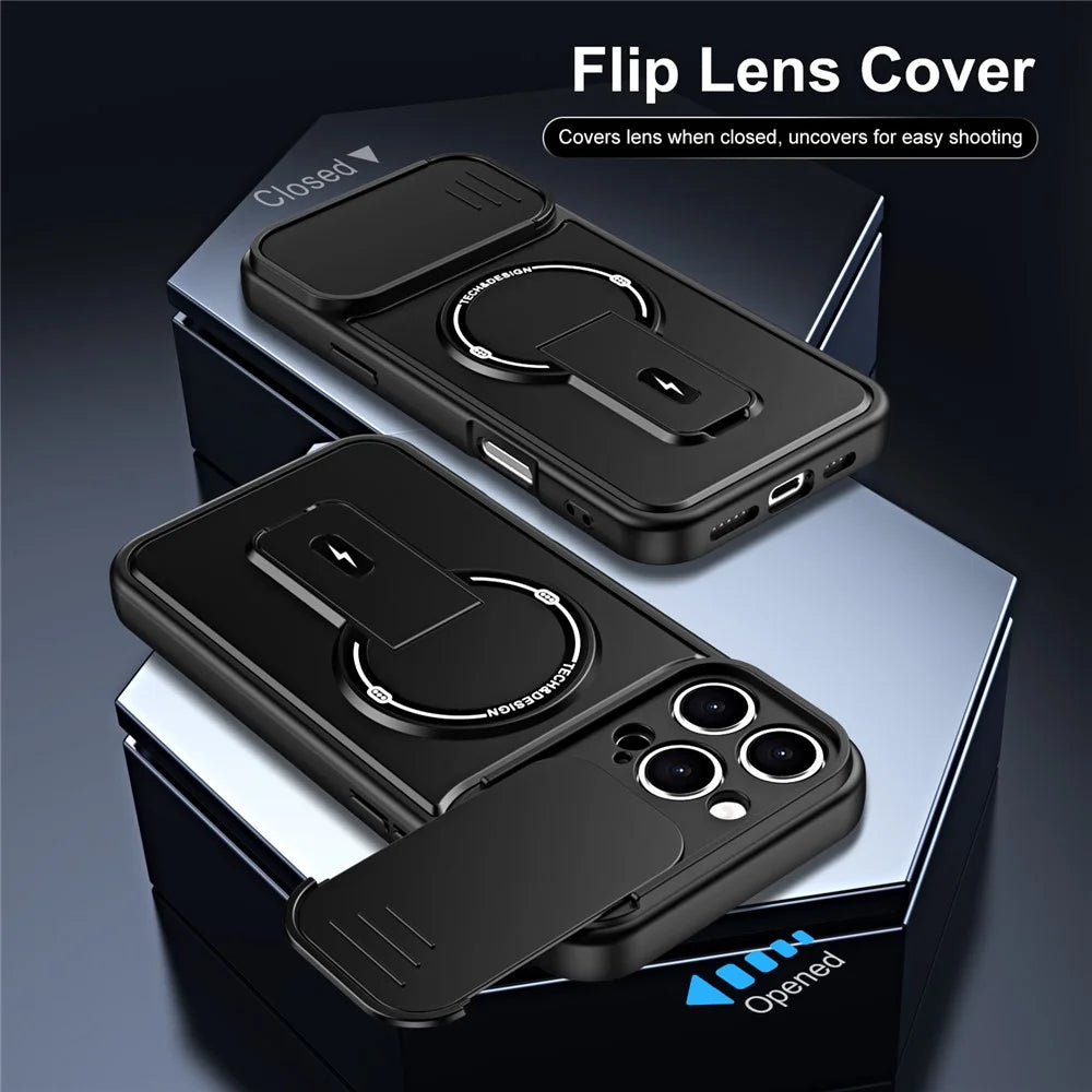 For iPhone 16 Pro Max Case with Slide Camera Cover Kickstand Shockproof PC + TPU Matte Finish Phone Shell - Black - 5