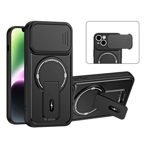 For iPhone 15 Case with Slide Camera Cover Kickstand Shockproof PC + TPU Matte Finish Phone Shell - Black - 1