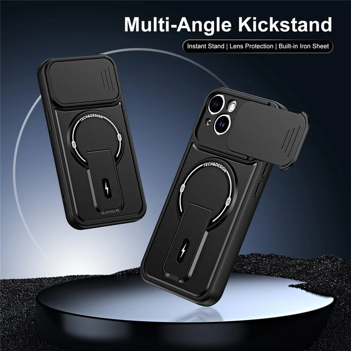 For iPhone 15 Case with Slide Camera Cover Kickstand Shockproof PC + TPU Matte Finish Phone Shell - Black - 2