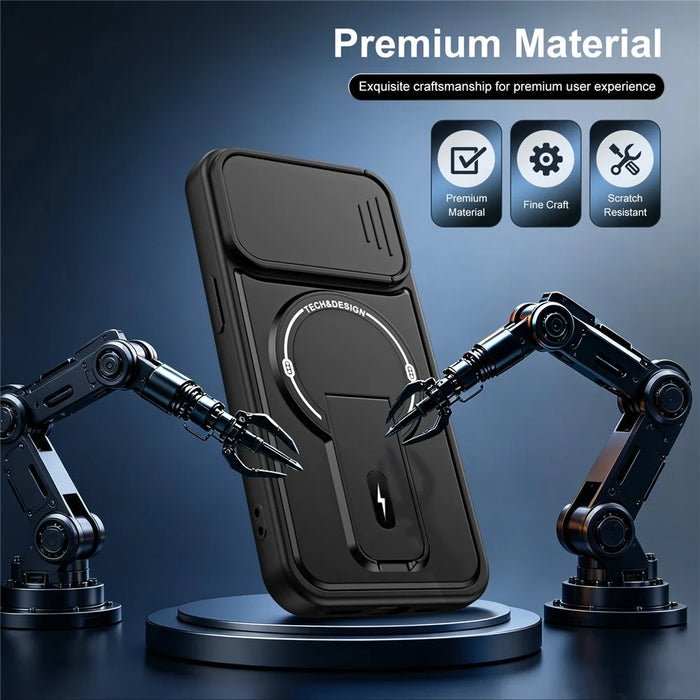 For iPhone 15 Case with Slide Camera Cover Kickstand Shockproof PC + TPU Matte Finish Phone Shell - Black - 3