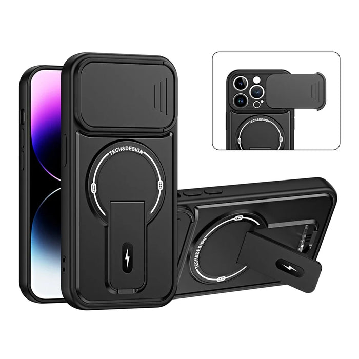 For iPhone 15 Pro Case with Slide Camera Cover Kickstand Shockproof PC + TPU Matte Finish Phone Shell - Black - 1