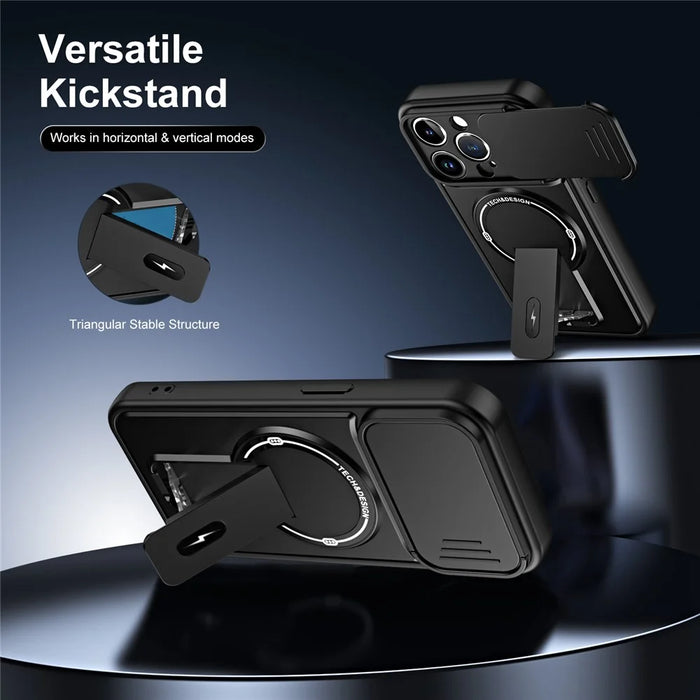 For iPhone 15 Pro Case with Slide Camera Cover Kickstand Shockproof PC + TPU Matte Finish Phone Shell - Black - 4