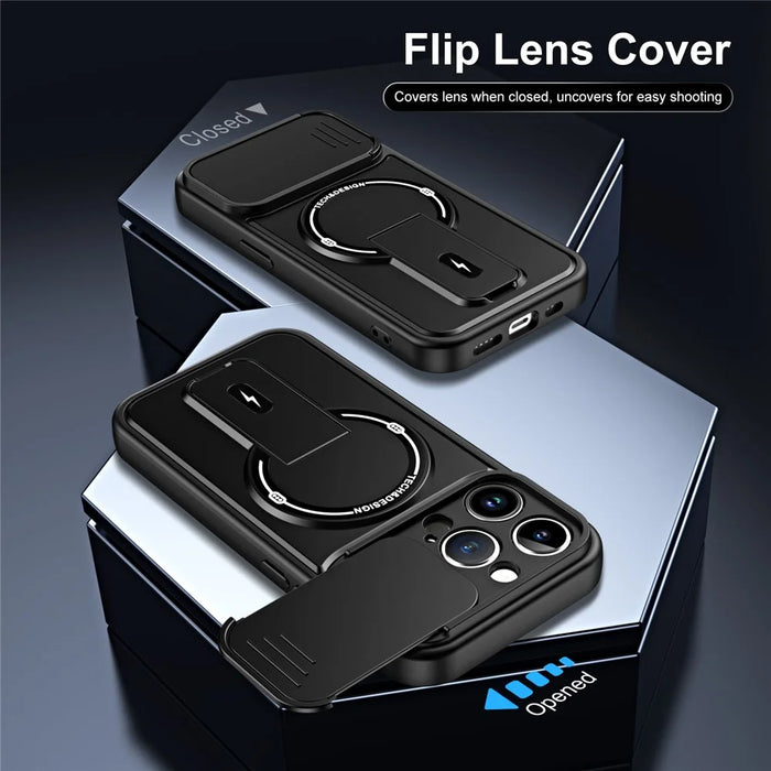 For iPhone 15 Pro Case with Slide Camera Cover Kickstand Shockproof PC + TPU Matte Finish Phone Shell - Black - 5