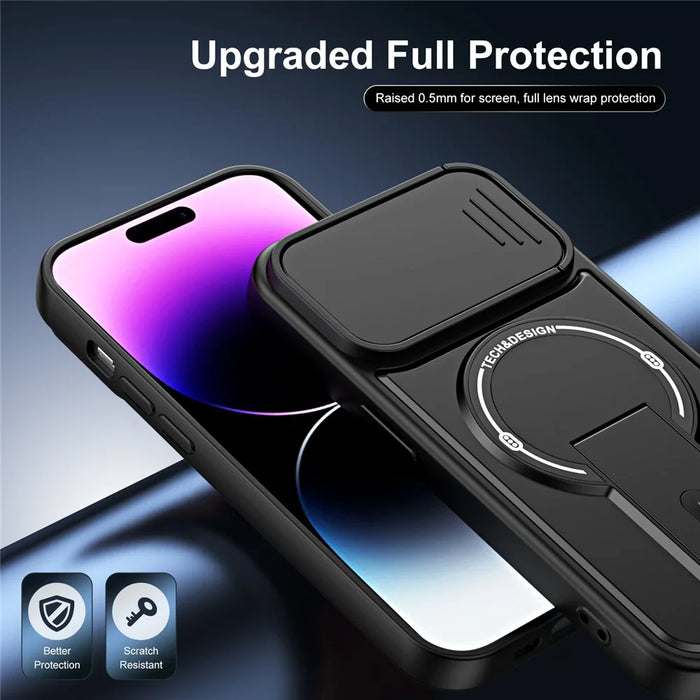 For iPhone 15 Pro Case with Slide Camera Cover Kickstand Shockproof PC + TPU Matte Finish Phone Shell - Black - 7