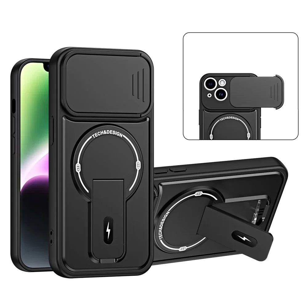 For iPhone 14 Case with Slide Camera Cover Kickstand Shockproof PC + TPU Matte Finish Phone Shell - Black - 1