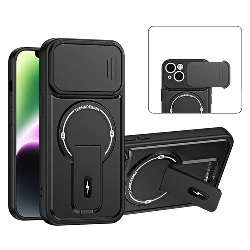 For iPhone 14 Case with Slide Camera Cover Kickstand Shockproof PC + TPU Matte Finish Phone Shell - Black - 1