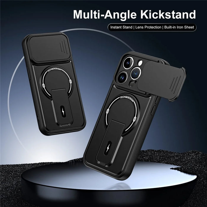 For iPhone 14 Pro Case with Slide Camera Cover Kickstand Shockproof PC + TPU Matte Finish Phone Shell - Black - 2