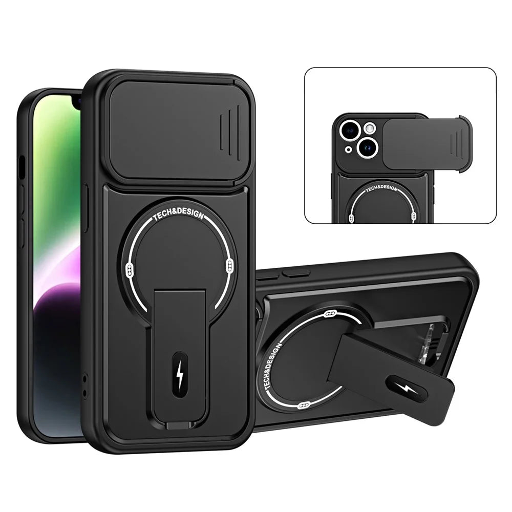 For iPhone 13 Case with Slide Camera Cover Kickstand Shockproof PC + TPU Matte Finish Phone Shell - Black - 1