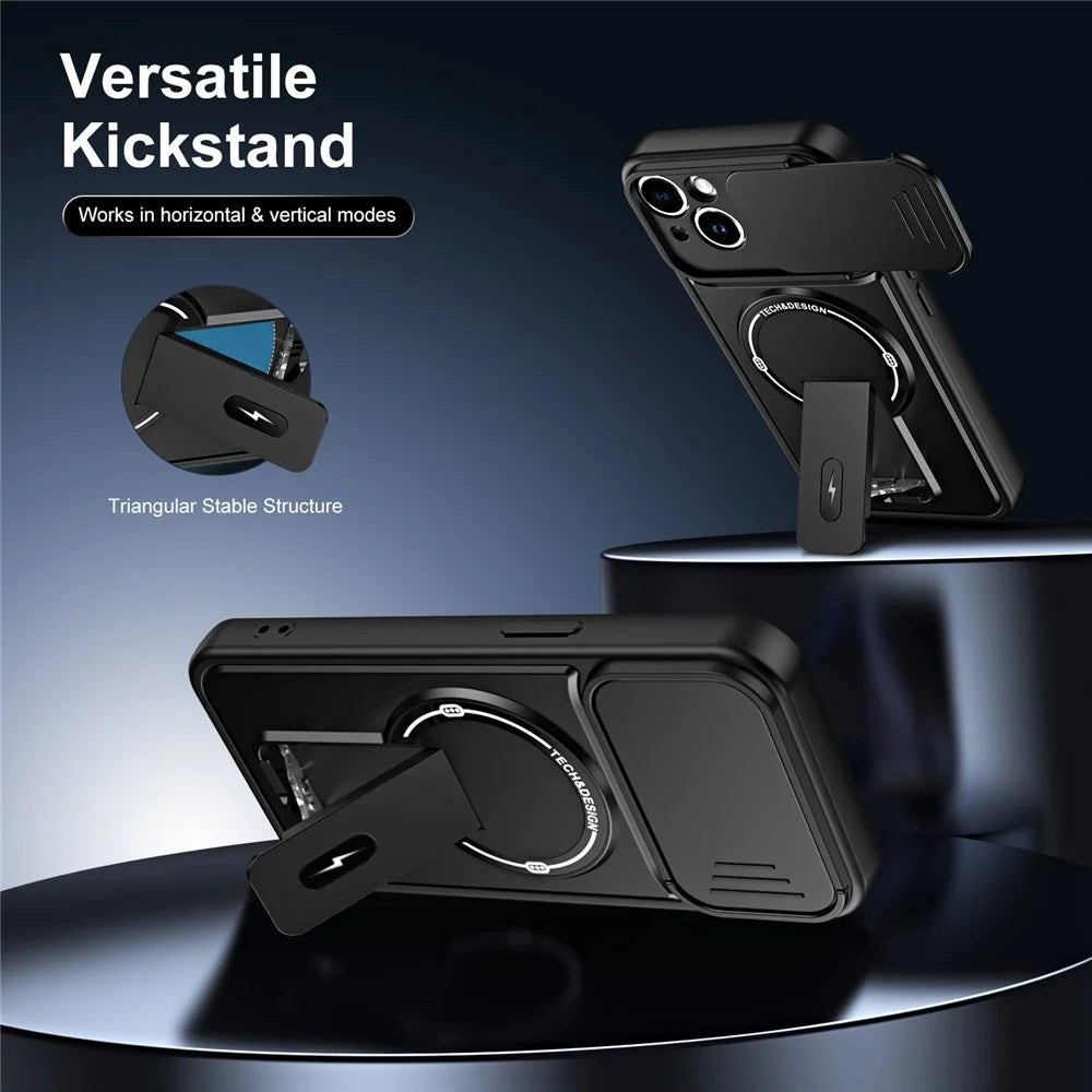 For iPhone 13 Case with Slide Camera Cover Kickstand Shockproof PC + TPU Matte Finish Phone Shell - Black - 4