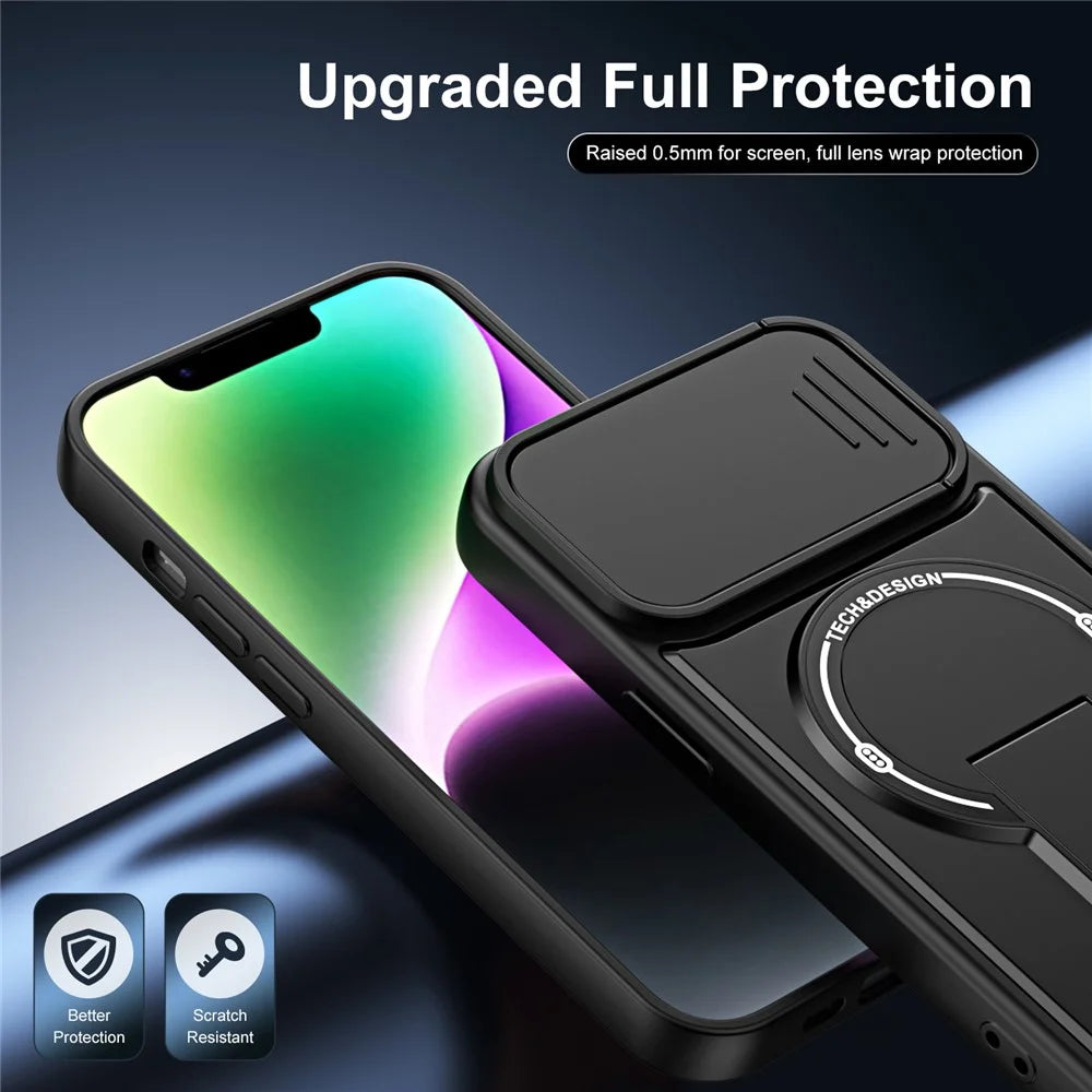 For iPhone 13 Case with Slide Camera Cover Kickstand Shockproof PC + TPU Matte Finish Phone Shell - Black - 7