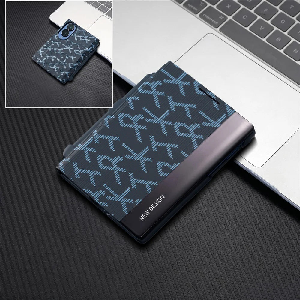 For Samsung Galaxy Z Fold8 Case Geometric Pixel Pattern Kickstand Foldable PC Phone Cover with Stylus - Blue - 1