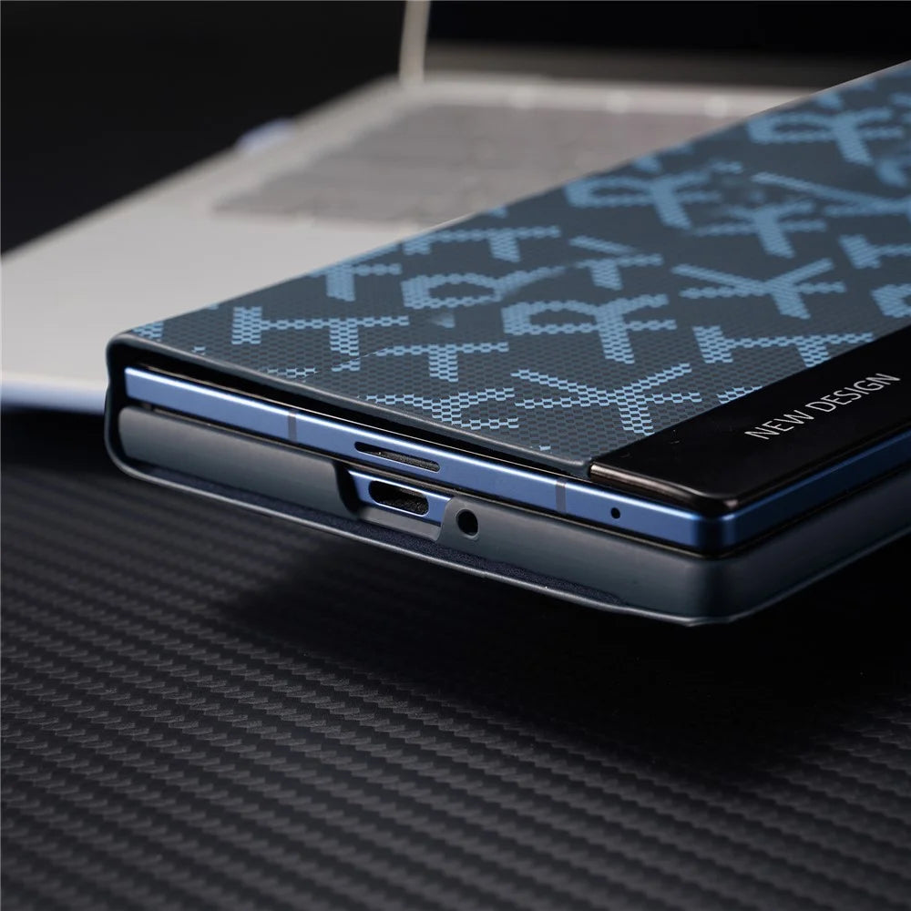 For Samsung Galaxy Z Fold8 Case Geometric Pixel Pattern Kickstand Foldable PC Phone Cover with Stylus - Blue - 7