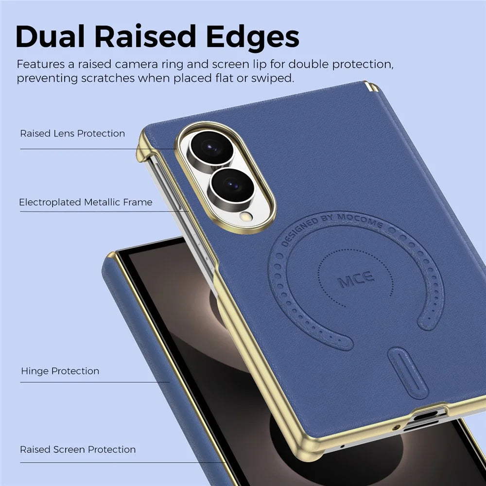 For Samsung Galaxy Z Fold8 Magnetic Case Leather + PC Electroplated Hinge Protection Phone Cover - Sapphire - 3