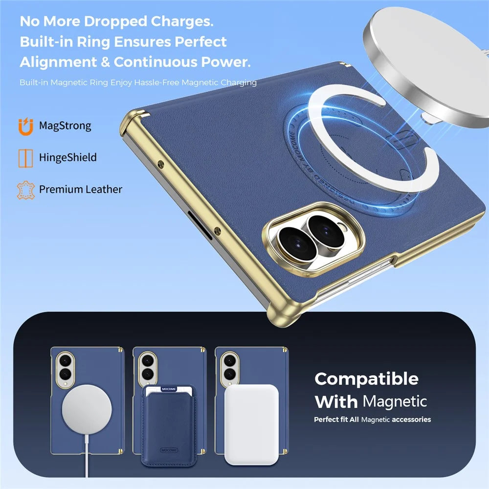 For Samsung Galaxy Z Fold8 Magnetic Case Leather + PC Electroplated Hinge Protection Phone Cover - Sapphire - 5