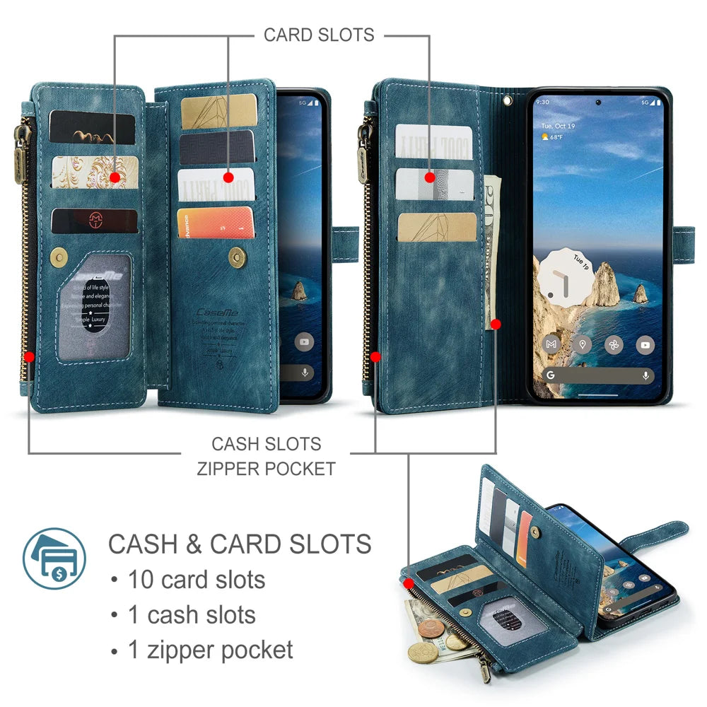 CASEME for Google Pixel 11 Pro XL C30 Phone Cases with Strap Zipper Multiple Card Holder PU Leather Cover - Blue - 3