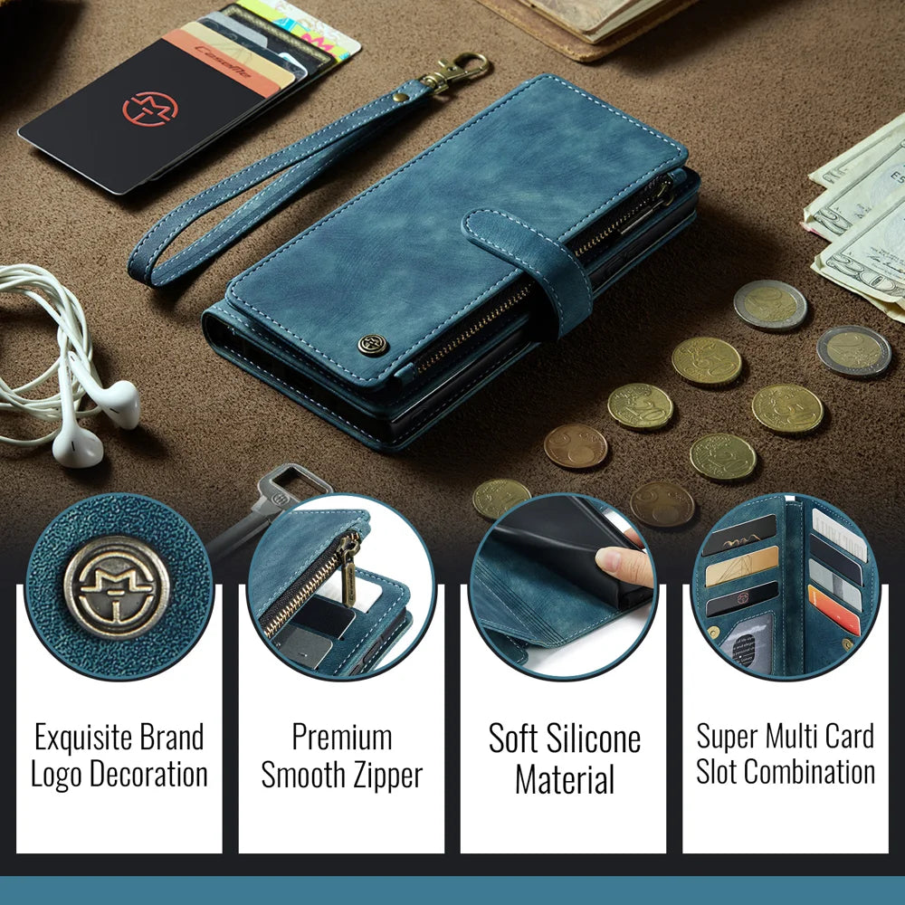 CASEME for Google Pixel 11 Pro XL C30 Phone Cases with Strap Zipper Multiple Card Holder PU Leather Cover - Blue - 5