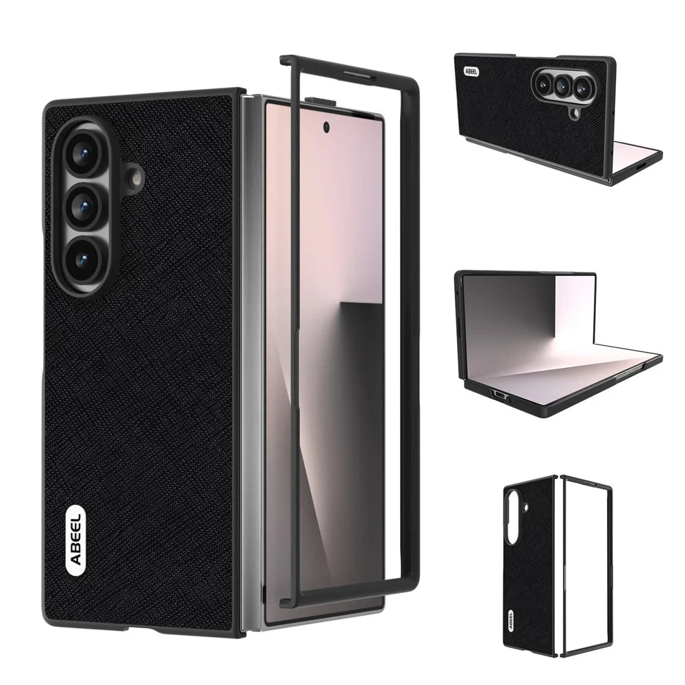 ABEEL For Samsung Galaxy Z Fold8 Ultra Case Cross Texture Genuine Cow Leather + PC Phone Back Cover - Black - 1