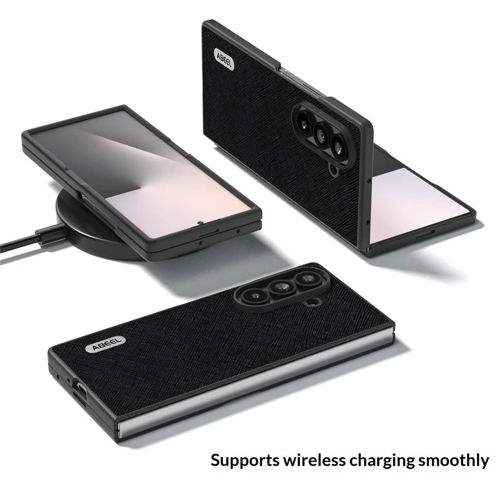 ABEEL For Samsung Galaxy Z Fold8 Ultra Case Cross Texture Genuine Cow Leather + PC Phone Back Cover - Black - 4