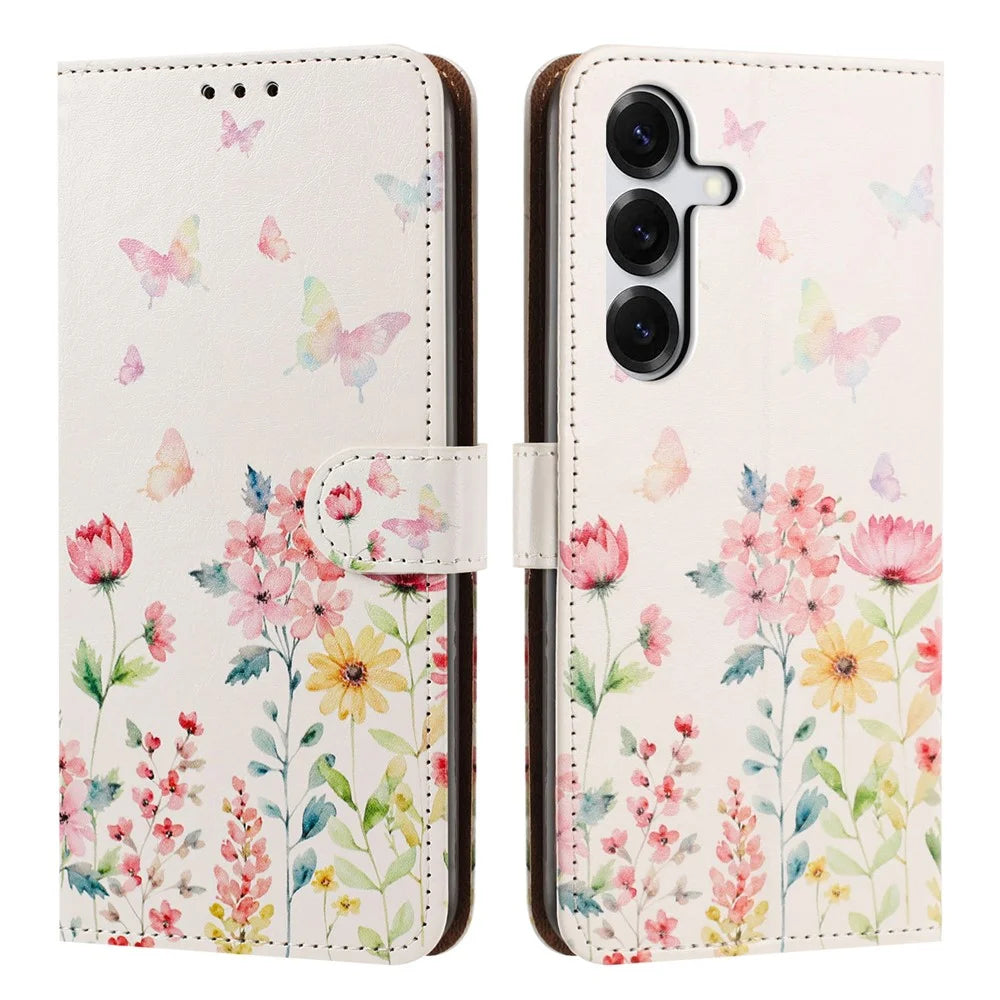 For Samsung Galaxy S25 / S24 Case Pattern Printed Wallet Flip Stand PU Leather Phone Cover with Wrist Strap - Floral Butterfly - 1