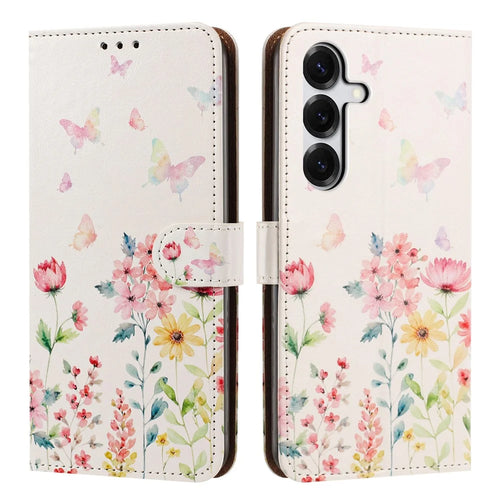 For Samsung Galaxy S25 / S24 Case Pattern Printed Wallet Flip Stand PU Leather Phone Cover with Wrist Strap - Floral Butterfly - 1