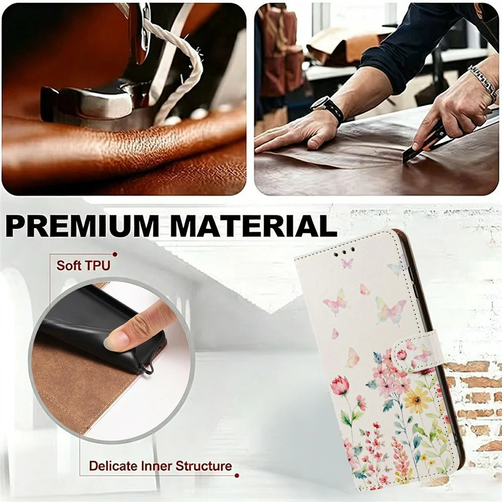 For Samsung Galaxy S25 / S24 Case Pattern Printed Wallet Flip Stand PU Leather Phone Cover with Wrist Strap - Floral Butterfly - 6