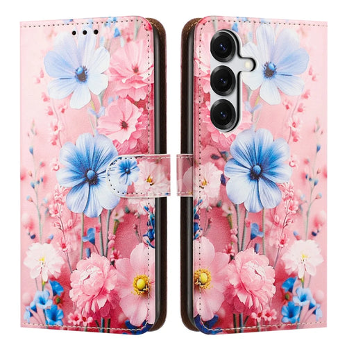 For Samsung Galaxy S25+ / S24+ Case Pattern Printed Wallet Flip Stand PU Leather Phone Cover with Wrist Strap - Blue Floral - 1