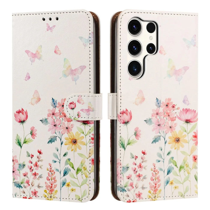 For Samsung Galaxy S24 Ultra Case Pattern Printed Wallet Flip Stand PU Leather Phone Cover with Wrist Strap - Floral Butterfly - 1