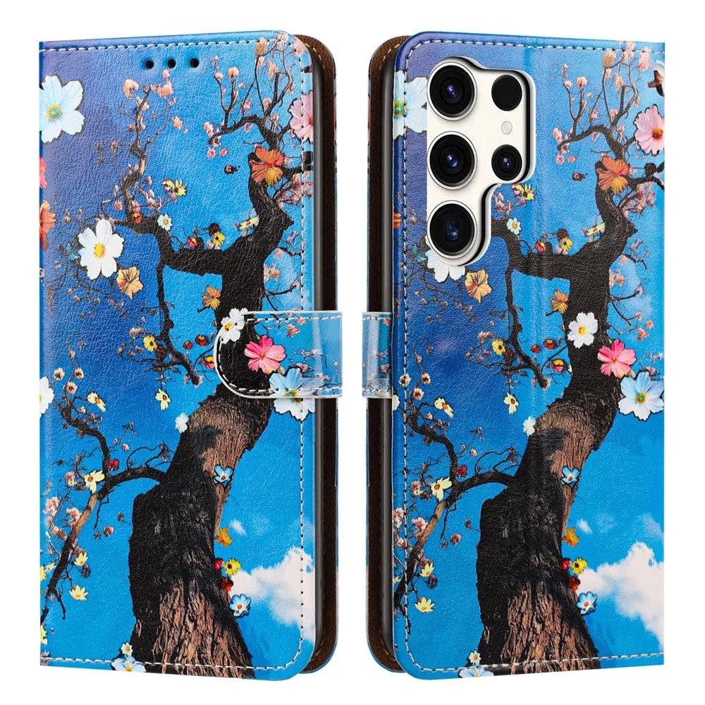 For Samsung Galaxy S25 Ultra Case Pattern Printed Wallet Flip Stand PU Leather Phone Cover with Wrist Strap - Flowering Tree - 1