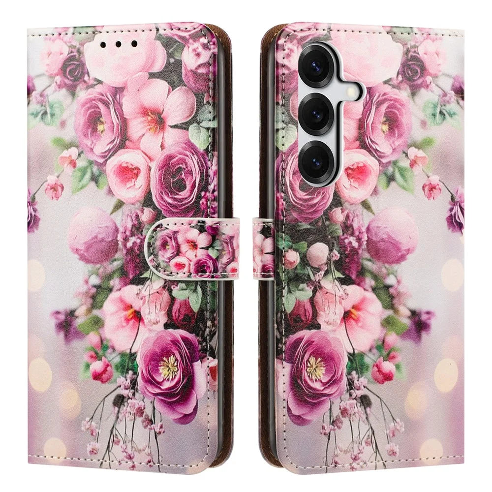 For Samsung Galaxy S26 Case Pattern Printed Wallet Flip Stand PU Leather Phone Cover with Wrist Strap - Bouquet - 1
