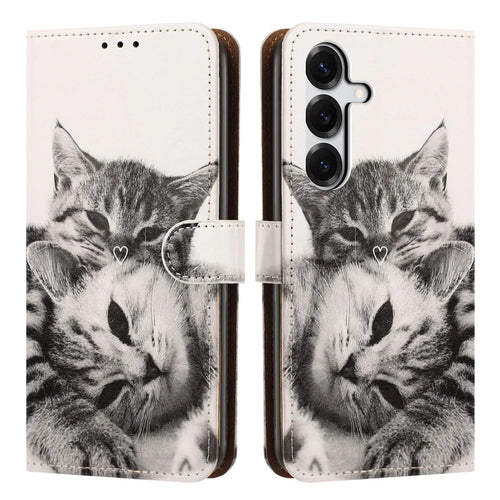 For Samsung Galaxy A25 5G (Global) (161mm) Case Pattern Printed Wallet Flip Stand PU Leather Phone Cover with Wrist Strap - Heart and Cats - 1
