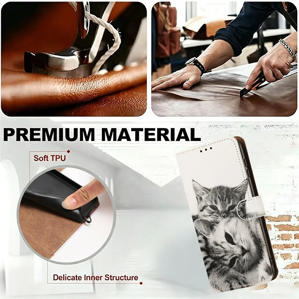 For Samsung Galaxy A25 5G (Global) (161mm) Case Pattern Printed Wallet Flip Stand PU Leather Phone Cover with Wrist Strap - Heart and Cats - 6