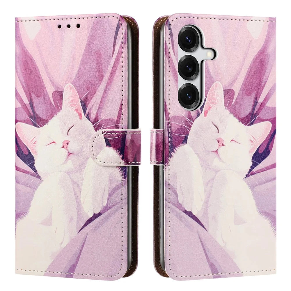 For Samsung Galaxy A55 5G Case Pattern Printed Wallet Flip Stand PU Leather Phone Cover with Wrist Strap - Sleeping Cat - 1