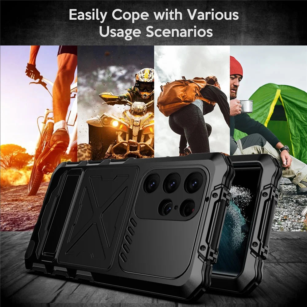 R-JUST For Samsung Galaxy S23 Ultra Phone Case Silicone + Metal Shockproof Dust-Proof Cover with Tempered Glass Film - Black - 7