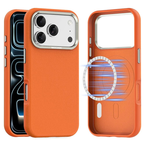 For iPhone 18 Pro Case Compatible with MagSafe Fine Grid Texture Leather Coated TPU PC Phone Cover with Metal Lens Frame - Orange - 1