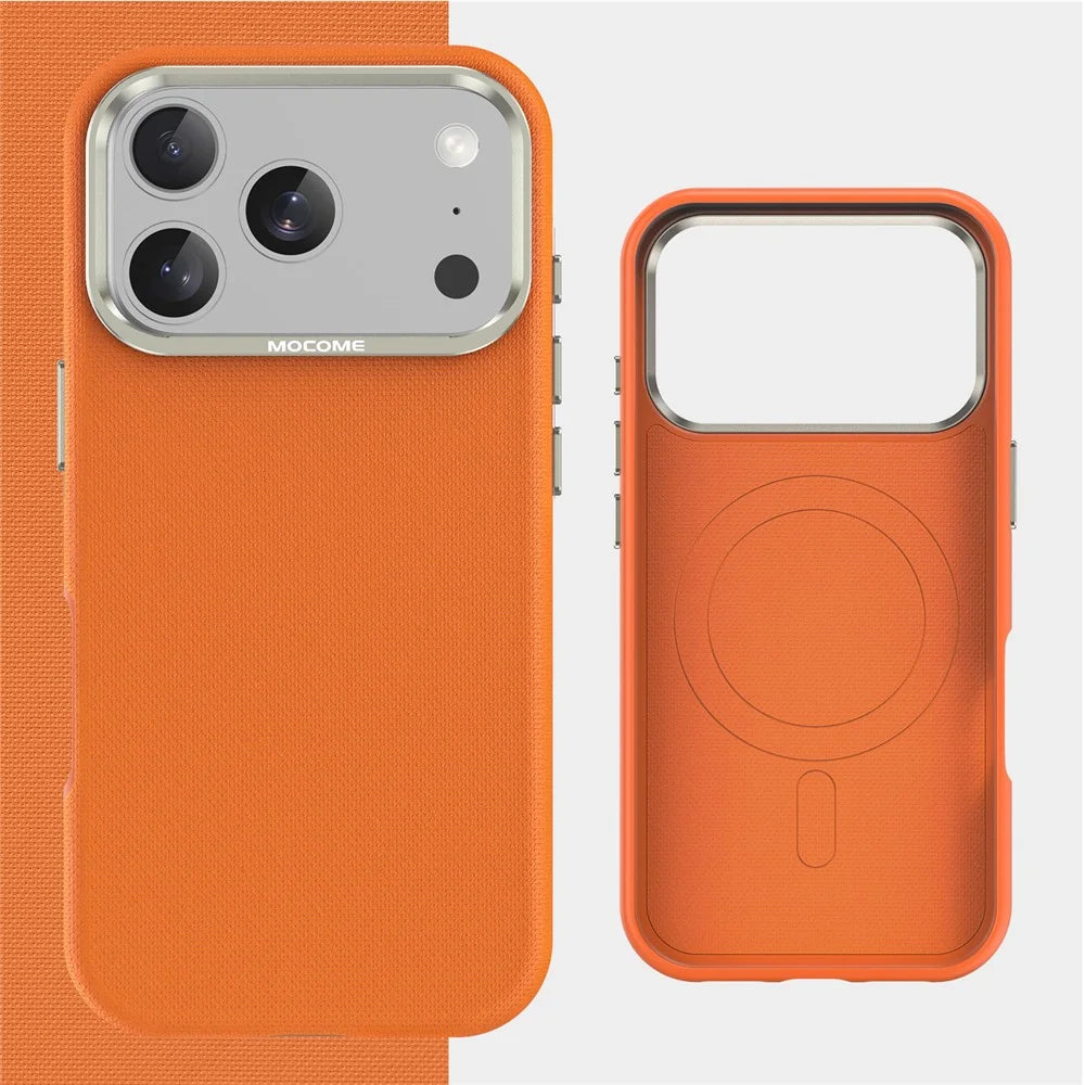 For iPhone 18 Pro Case Compatible with MagSafe Fine Grid Texture Leather Coated TPU PC Phone Cover with Metal Lens Frame - Orange - 2