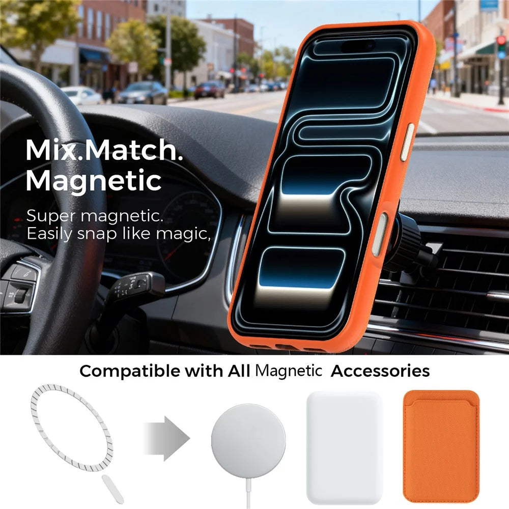 For iPhone 18 Pro Case Compatible with MagSafe Fine Grid Texture Leather Coated TPU PC Phone Cover with Metal Lens Frame - Orange - 3