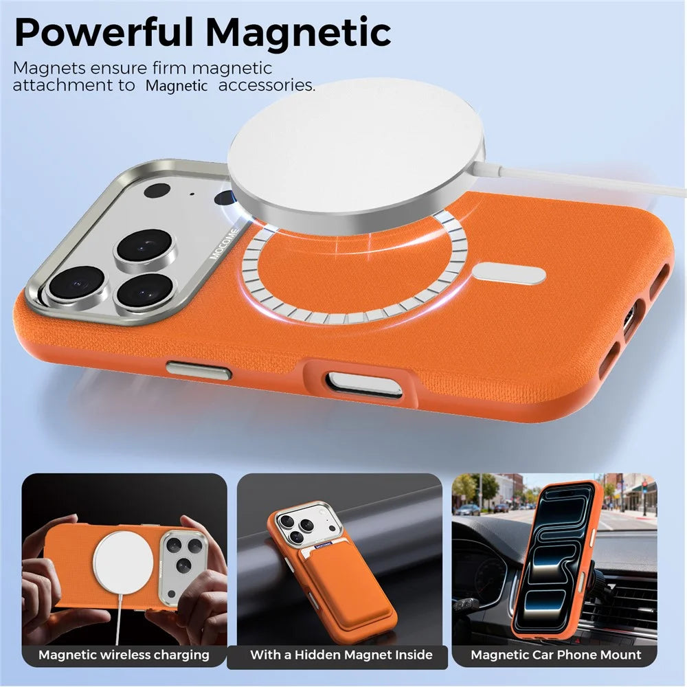 For iPhone 18 Pro Case Compatible with MagSafe Fine Grid Texture Leather Coated TPU PC Phone Cover with Metal Lens Frame - Orange - 4