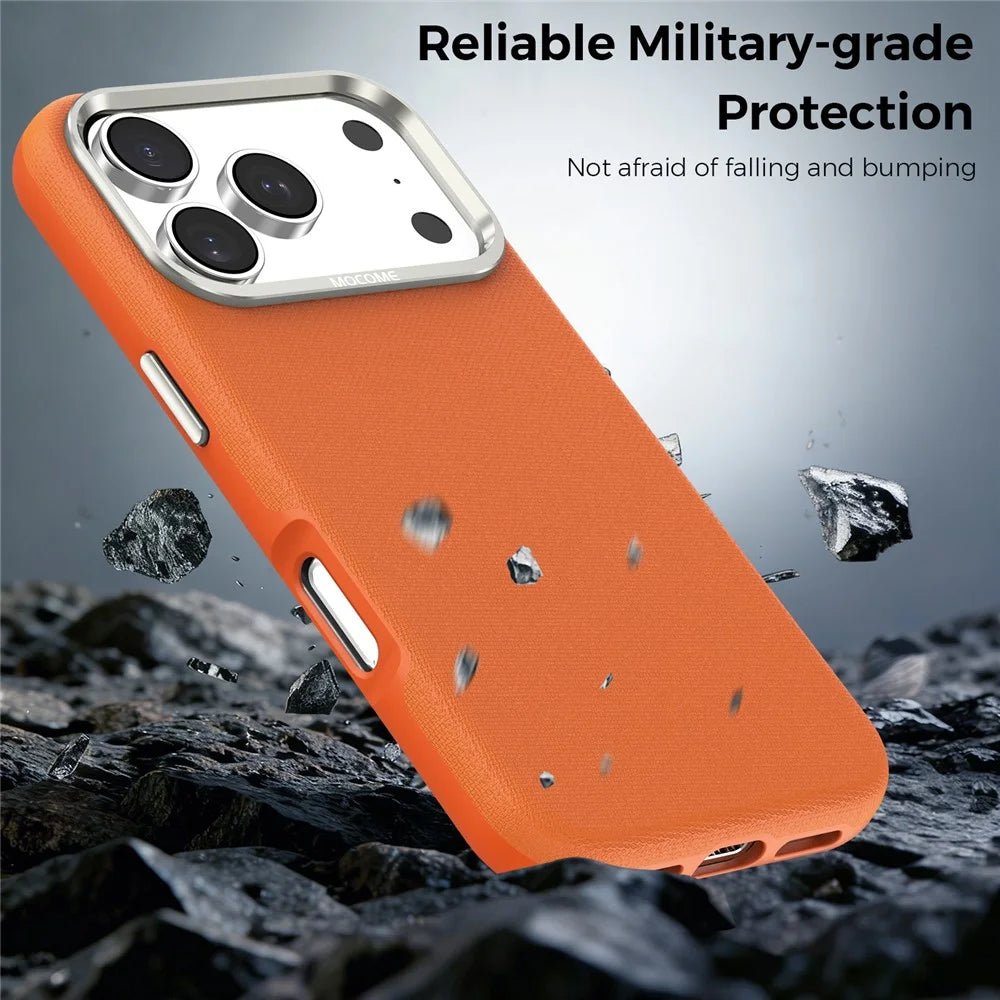 For iPhone 18 Pro Case Compatible with MagSafe Fine Grid Texture Leather Coated TPU PC Phone Cover with Metal Lens Frame - Orange - 5